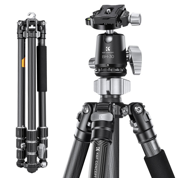 K&F Concept X254C4+BH-30 Trepied Fibra de Carbon, Cap Bila 30mm, Capacitate 12kg, Greutate 1.55kg, Panoramare 360°