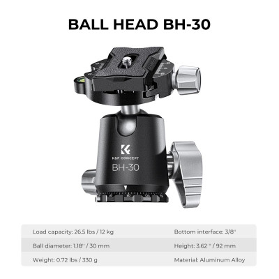 Avatar Shop|K&F Concept X254C4+BH-30 Trepied Fibra de Carbon, Cap Bila 30mm, Capacitate 12kg, Greutate 1.55kg, Panoramare 360°|K&F Concept