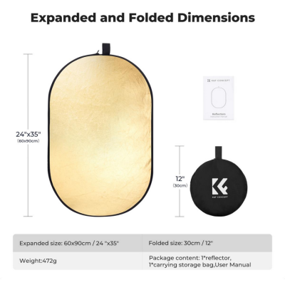 Avatar Shop|K&F Concept Reflector Oval Pliabil 5-in-1, 60x90cm, Auriu, Argintiu, Alb, Negru, Translucid, Cu Geanta de Transport|K&F Concept