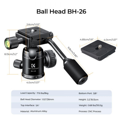 Avatar Shop|K&F Concept Cap Bila Trepied 26mm din Metal, Cu Maner, Rotatie Panoramica 360 Grade, Sarcina Maxima 8kg, Nivela cu Bula|K&F Concept