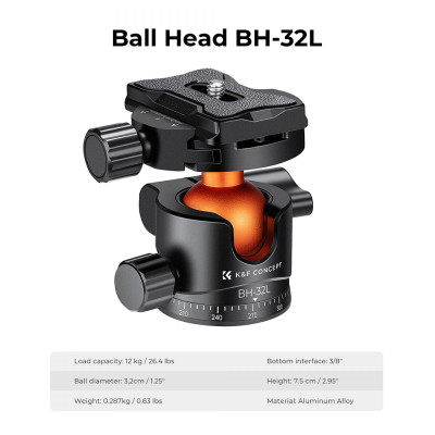 Avatar Shop|K&F Concept Cap Bila Trepied Metalic 32mm, Rotire 360 Grade, Placa Quick Release 1/4 inch, Sarcina Maxima 12kg, Nivela Bula|K&F Concept