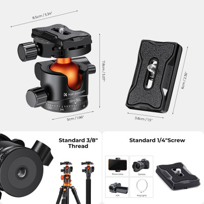 Avatar Shop|K&F Concept 36mm Cap Bila Trepied, Rotire 360 Grade, Sarcina Maxima 16kg, Placa Quick Release 1/4 inch, Nivela cu Bula|K&F Concept