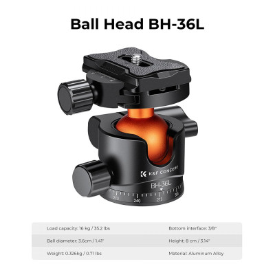 Avatar Shop|K&F Concept 36mm Cap Bila Trepied, Rotire 360 Grade, Sarcina Maxima 16kg, Placa Quick Release 1/4 inch, Nivela cu Bula|K&F Concept