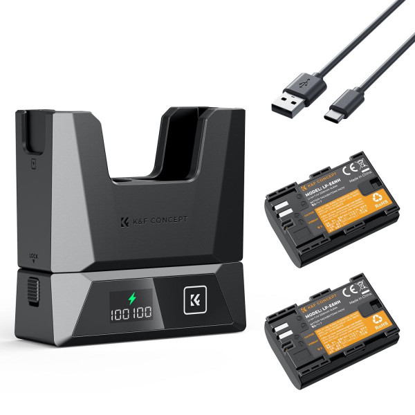 K&F Concept Set 2 Acumulatori LP-E6NH si Incarcator, 2600mAh, PD 18W, Design Modular, Afisaj Inteligent
