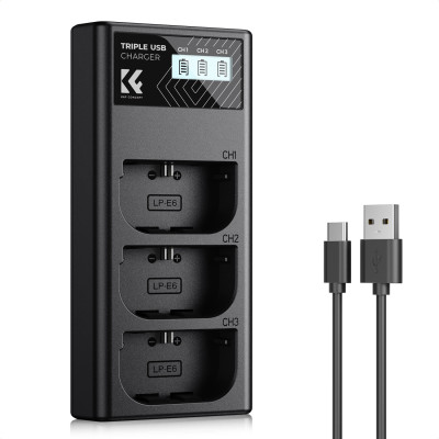 K&F Concept Incarcator Canon LP-E6NH, 3 Sloturi, Display LCD, Intrare Micro USB si Type-C