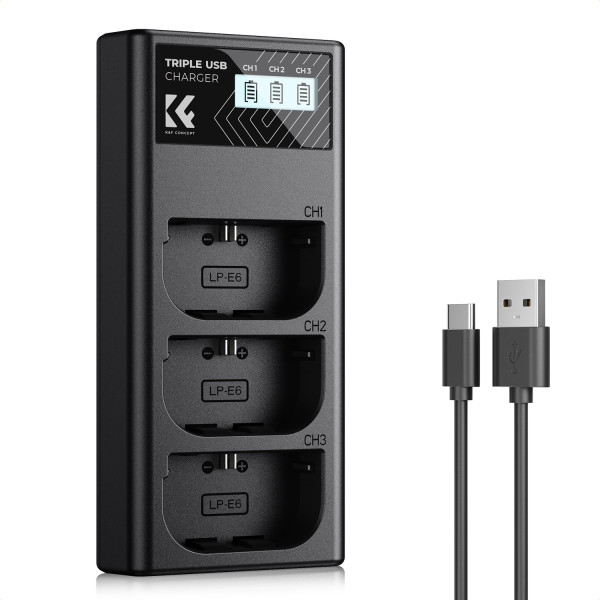 K&F Concept Incarcator Canon LP-E6NH, 3 Sloturi, Display LCD, Intrare Micro USB si Type-C