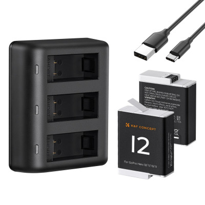 Avatar Shop|K&F Concept Statie Incarcare LED 3 Sloturi, GoPro Hero 9/10/11/12, Cablu USB Type-C, Protectie Supraincarcare, Indicator LED|K&F Concept