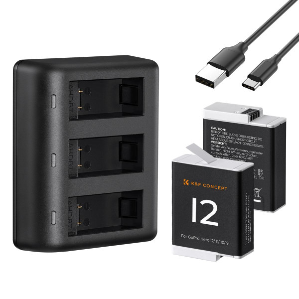 K&F Concept Statie Incarcare LED 3 Sloturi, GoPro Hero 9/10/11/12, Cablu USB Type-C, Protectie Supraincarcare, Indicator LED
