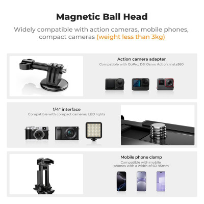 Avatar Shop|K&F Concept Cap Bila Magnetic, Capacitate Incarcare 3kg, Clema Telefon Integrata, Rotire 360 Grade, Magneti Puternici|K&F Concept