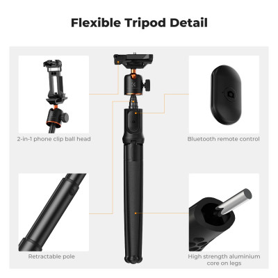Avatar Shop|K&F Concept MS29 Trepied Flexibil Extensibil, Inaltime 26-60 cm, Cap Bila 360 Grade, Telecomanda Bluetooth, Greutate 395g|K&F Concept