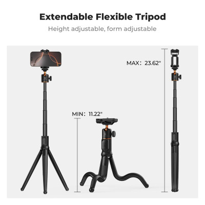 Avatar Shop|K&F Concept MS29 Trepied Flexibil Extensibil, Inaltime 26-60 cm, Cap Bila 360 Grade, Telecomanda Bluetooth, Greutate 395g|K&F Concept