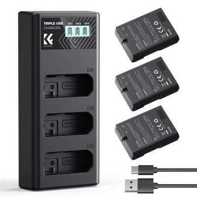 Avatar Shop|K&F Concept Nikon EN-EL14 Baterii Camera 1050mAh, Set 3 Bucati, Incarcator LCD 3 Sloturi, Intrare Dual Micro USB/Type-C|K&F Concept