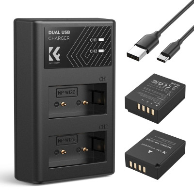 Avatar Shop|K&F Concept NP-W126 Set 2 Acumulatori si Incarcator Dublu, 1300mAh, Micro-USB si USB-C, Pentru Fujifilm|K&F Concept