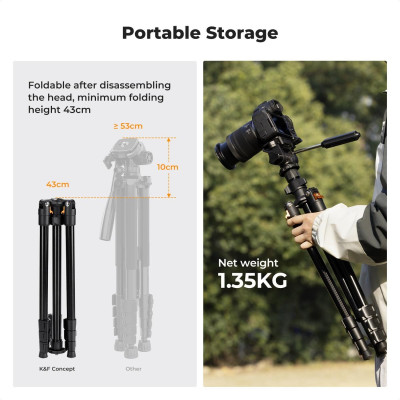 Avatar Shop|K&F Concept O234A0+BV01 Trepied Video, Inaltime Maxima 196cm, Sarcina 4kg, Cap Video 360 Grade, Pliere 43cm, Suport Telefon|K&F Concept