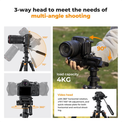 Avatar Shop|K&F Concept O234A0+BV01 Trepied Video, Inaltime Maxima 196cm, Sarcina 4kg, Cap Video 360 Grade, Pliere 43cm, Suport Telefon|K&F Concept