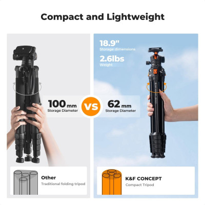 Avatar Shop|K&F Concept O235A1+BH-40 Trepied Foto Compact, Aluminiu, 1.2kg, Cap Bila 40mm, Capacitate 10kg, Inaltime 45-162.5cm|K&F Concept