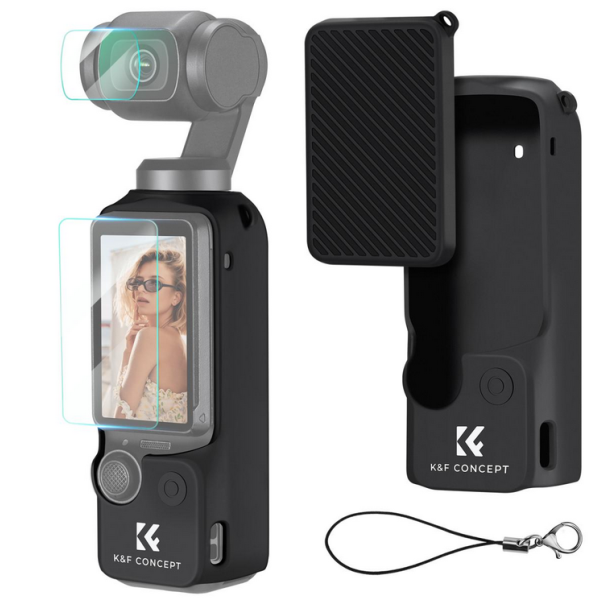 K&F Concept Husa Silicon Osmo Pocket 3, Cu Folie Sticla Ecran 9H, Grosime 1.8mm, Design Anti-Pierdere