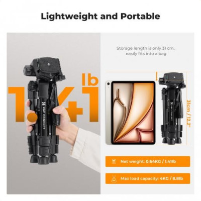 Avatar Shop|K&F Concept S233A0 Mini Trepied, Inaltime Ajustabila 30-63cm, Capacitate 4kg, Greutate 638g, Rotatie 360 Grade, Montura 1/4 Inch|K&F Concept