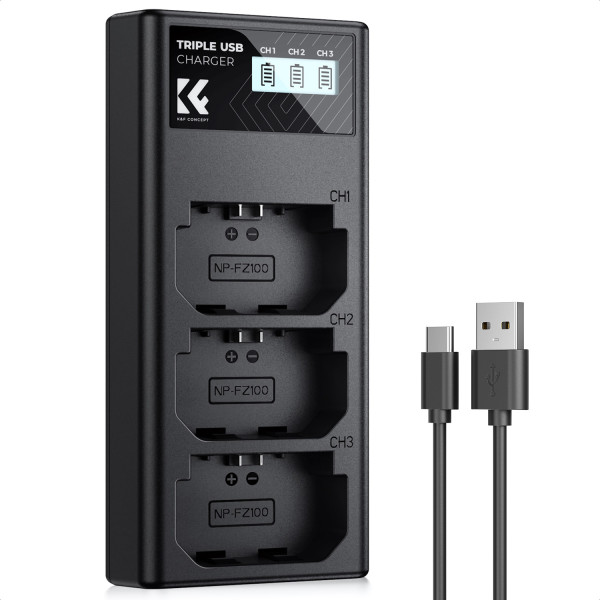 K&F Concept Incarcator Baterii Sony NP-FZ100, 3 Sloturi, Display LCD, Intrare USB si Type-C