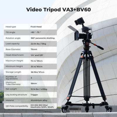 Avatar Shop|K&F Concept VA3+BV60 Trepied Video cu Cap Fluid, Sarcina Maxima 10kg, Bila 75mm, Inaltime Maxima 1915mm, Aluminiu|K&F Concept