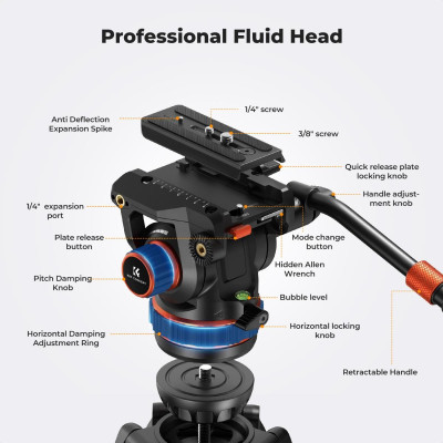 Avatar Shop|K&F Concept VA3+BV60 Trepied Video cu Cap Fluid, Sarcina Maxima 10kg, Bila 75mm, Inaltime Maxima 1915mm, Aluminiu|K&F Concept