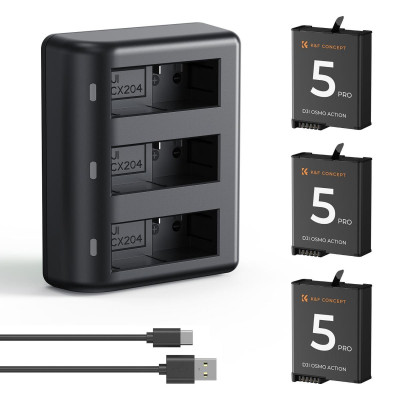 Avatar Shop|K&F Concept DJI Osmo Action 5 Pro Set 3 Baterii si Incarcator, 2100mAh, 3 Sloturi, Compatibil Osmo 360, Action 4, Action 3|K&F Concept