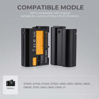 Avatar Shop|K&F Concept EN-EL15 Baterii Duale si Incarcator, 2x 7.4V 2100mAh, Incarcator Dublu Micro USB/Type C, Pentru Nikon|K&F Concept