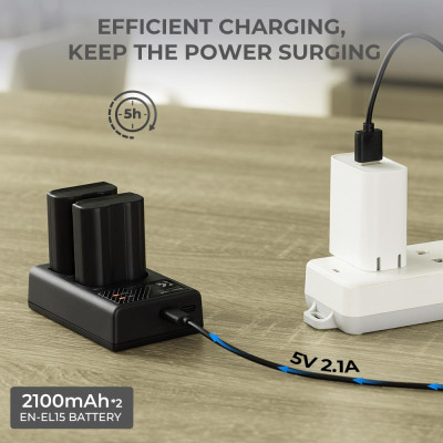 Avatar Shop|K&F Concept EN-EL15 Baterii Duale si Incarcator, 2x 7.4V 2100mAh, Incarcator Dublu Micro USB/Type C, Pentru Nikon|K&F Concept