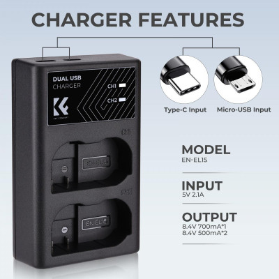 Avatar Shop|K&F EN-EL15 Incarcator Dublu, Compatibil Nikon EN-EL15/EN-EL15a/EN-EL15b, USB-C si Micro USB, Afisaj LCD, 2 Sloturi|K&F Concept