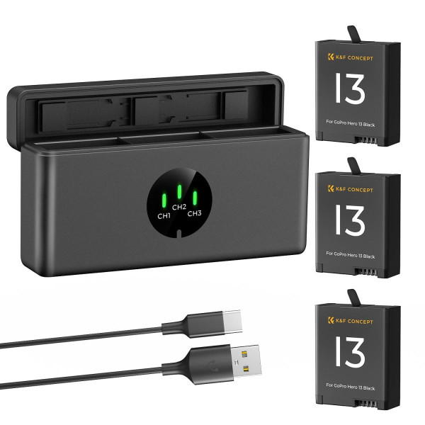 K&F GoPro Hero 13 Baterie Camera 2100mAh, Set 3 Bucati, Incarcator LED 3 Sloturi, Certificare CE FCC RoHS
