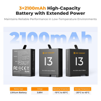 Avatar Shop|K&F GoPro Hero 13 Baterie Camera 2100mAh, Set 3 Bucati, Incarcator LED 3 Sloturi, Certificare CE FCC RoHS|K&F Concept