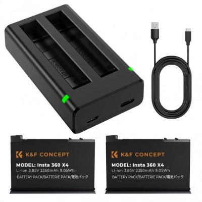 Avatar Shop|K&F Insta 360 X4 Set 2 Acumulatori si Incarcator, 3.85V, 2350mAh, Incarcator Dublu LED, Micro USB si Type-C|K&F Concept
