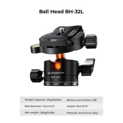 Avatar Shop|K&F Concept K255A7 Trepied Aluminiu cu Cap Bila BH-32L, Greutate 1.85kg, Inaltime 60-233cm, Capacitate 12kg|K&F Concept