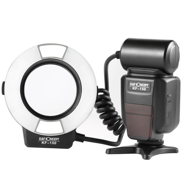 K&F KF150 Blitz Inelar Macro TTL pentru Nikon, GN14, Tuburi Duble de Blitz, LED Auxiliar, Ecran LCD, Inele Adaptoare 52-77mm