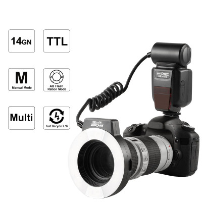 Avatar Shop|K&F KF150 Blitz Inelar Macro TTL pentru Nikon, GN14, Tuburi Duble de Blitz, LED Auxiliar, Ecran LCD, Inele Adaptoare 52-77mm|K&F Concept