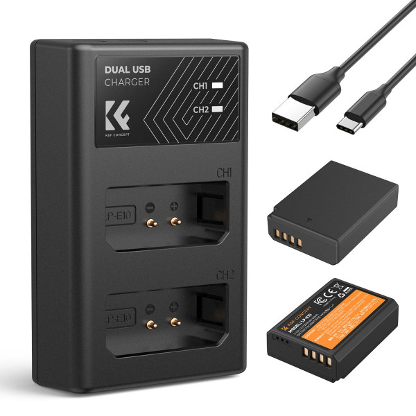 K&F Concept LP-E10 Set Baterii si Incarcator, 2x 1200mAh, Incarcator Dublu, Micro USB/Type C, Compatibil Canon
