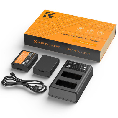 Avatar Shop|K&F Concept LP-E10 Set Baterii si Incarcator, 2x 1200mAh, Incarcator Dublu, Micro USB/Type C, Compatibil Canon|K&F Concept