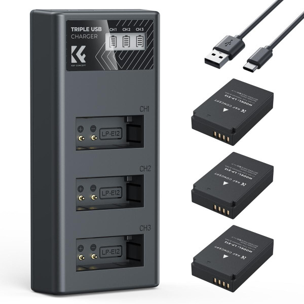 K&F LP-E12 Baterie Foto 1100mAh, Set 3 Bucati, Incarcator LCD 3 Sloturi, Port Type-C, Compatibil Canon EOS M50