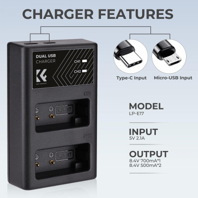 Avatar Shop|K&F Concept LP-E17 Incarcator Dublu Acumulatori, Porturi Type-C si Micro USB, Protectie Inteligenta, Compatibil Canon|K&F Concept