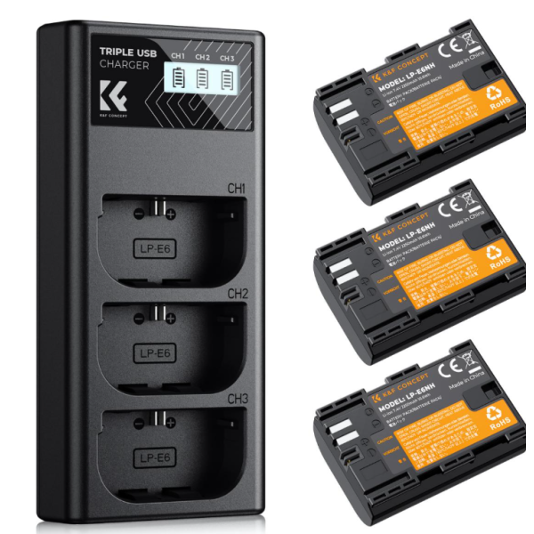 K&F LP-E6NH KF28.0039V1 Acumulator Camera, Set 3 Bucati, 2250mAh, Incarcator LCD 3 Sloturi, USB Type-C
