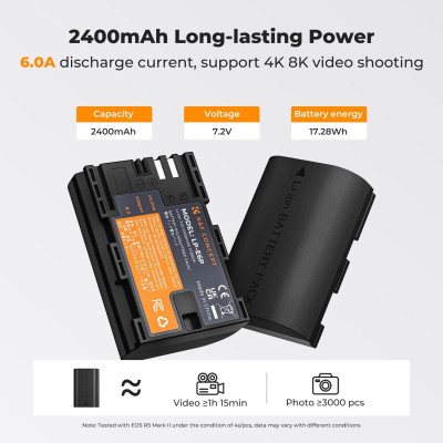 Avatar Shop|K&F Concept LP-E6P Set 2 Acumulatori Camera 2400mAh, Incarcator USB Dual Slot, Afisaj LCD, Compatibil Canon EOS R5/R6/R7|K&F Concept