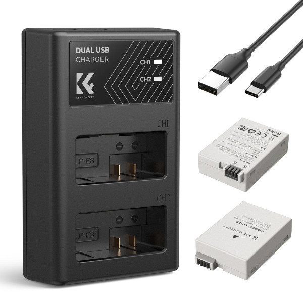 K&F LP-E8 Set Baterii si Incarcator Dublu pentru Canon, 2x 1200mAh, Micro USB/Type C, Compatibil EOS 700D/650D/550D