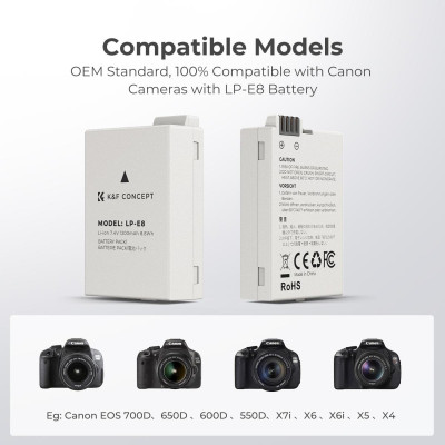 Avatar Shop|K&F LP-E8 Set Baterii si Incarcator Dublu pentru Canon, 2x 1200mAh, Micro USB/Type C, Compatibil EOS 700D/650D/550D|K&F Concept