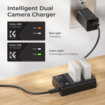 Avatar Shop|K&F LP-E8 Set Baterii si Incarcator Dublu pentru Canon, 2x 1200mAh, Micro USB/Type C, Compatibil EOS 700D/650D/550D|K&F Concept