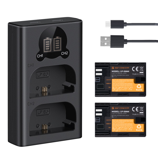 K&F Concept LP-E6NH Set Baterii Dubla si Incarcator, 2250mAh, 7.4V, Incarcare Duala, Afisaj LCD, Compatibil Canon
