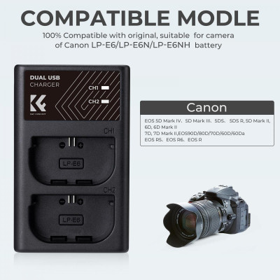 Avatar Shop|K&F LPE6NH Incarcator Dublu pentru Acumulatori, Compatibil LP-E6/LP-E6N/LP-E6NH, Type-C si Micro USB, Iesire 700mA/500mA|K&F Concept