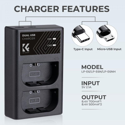 Avatar Shop|K&F LPE6NH Incarcator Dublu pentru Acumulatori, Compatibil LP-E6/LP-E6N/LP-E6NH, Type-C si Micro USB, Iesire 700mA/500mA|K&F Concept