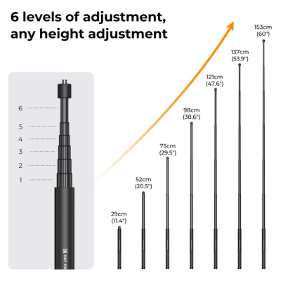 Avatar Shop|K&F MS07 Prajina Telescopica Selfie Stick, Lungime 153cm/60'', Aliaj de Aluminiu, Conector 1/4 Inch, Adaptor GoPro Inclus|K&F Concept