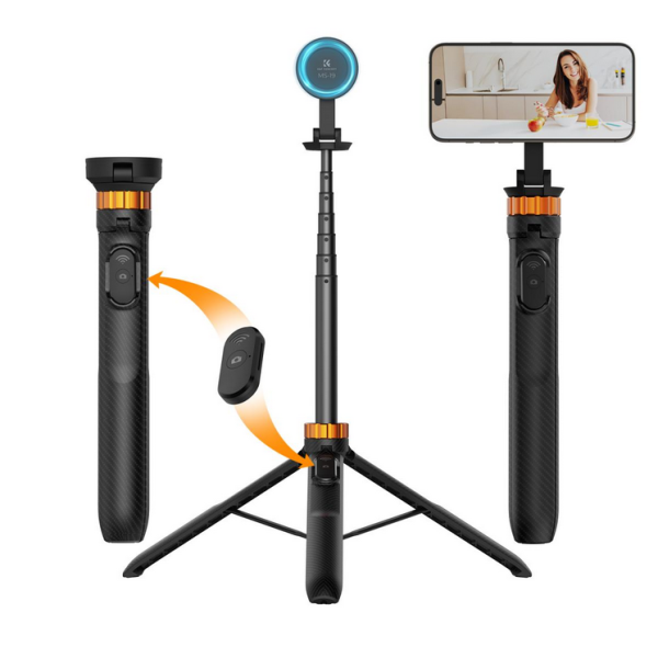 K&F MS19 Trepied Telefon, Inaltime Maxima 162cm, Ajustare 7 Sectiuni, Montare Magnetica, Telecomanda Bluetooth, Autonomie 10 Ore