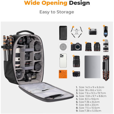 Avatar Shop|K&F Rucsac Foto Hardshell, Capacitate 22L, Compartiment Laptop 15.6 inch, Carcasa EVA Rigida, Suport Trepied, Negru|K&F Concept